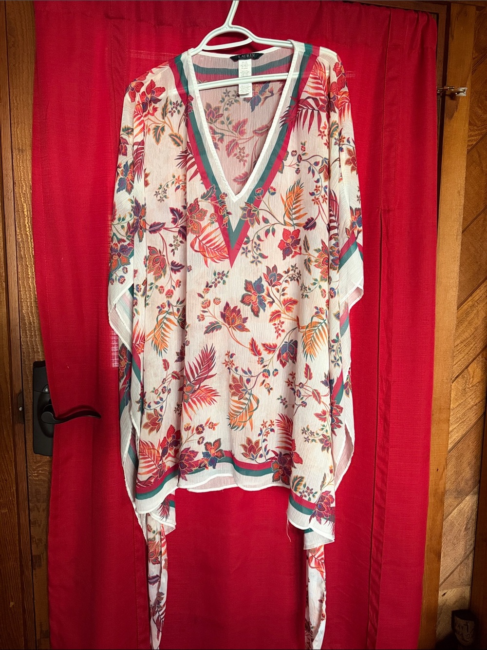 Flowy Floral V-Neck Women's beach coverup - White with Coral & Teal Accents